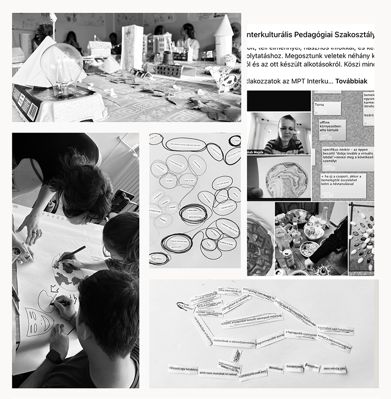 Fotókollázs, amelyen gyerekek és felnőttek rajzolnak, papírokkal dolgoznak és csoportos alkotásban vesznek részt.