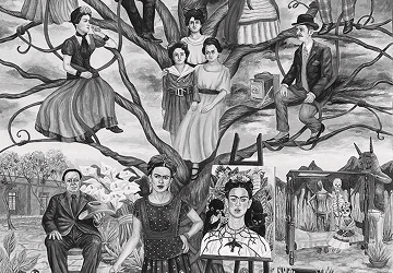 Fekete-fehér illusztráció női és férfi alakokkal, családi jelenetekkel és növényi motívumokkal, egy fa ágai között elrendezve